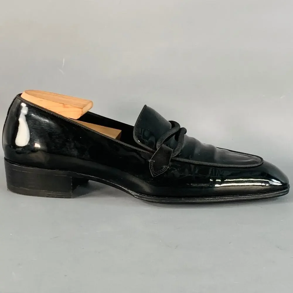 TOM FORD Size 10.5 Nero Black Patent Leather Grosgrain Trim Slip On Loafers